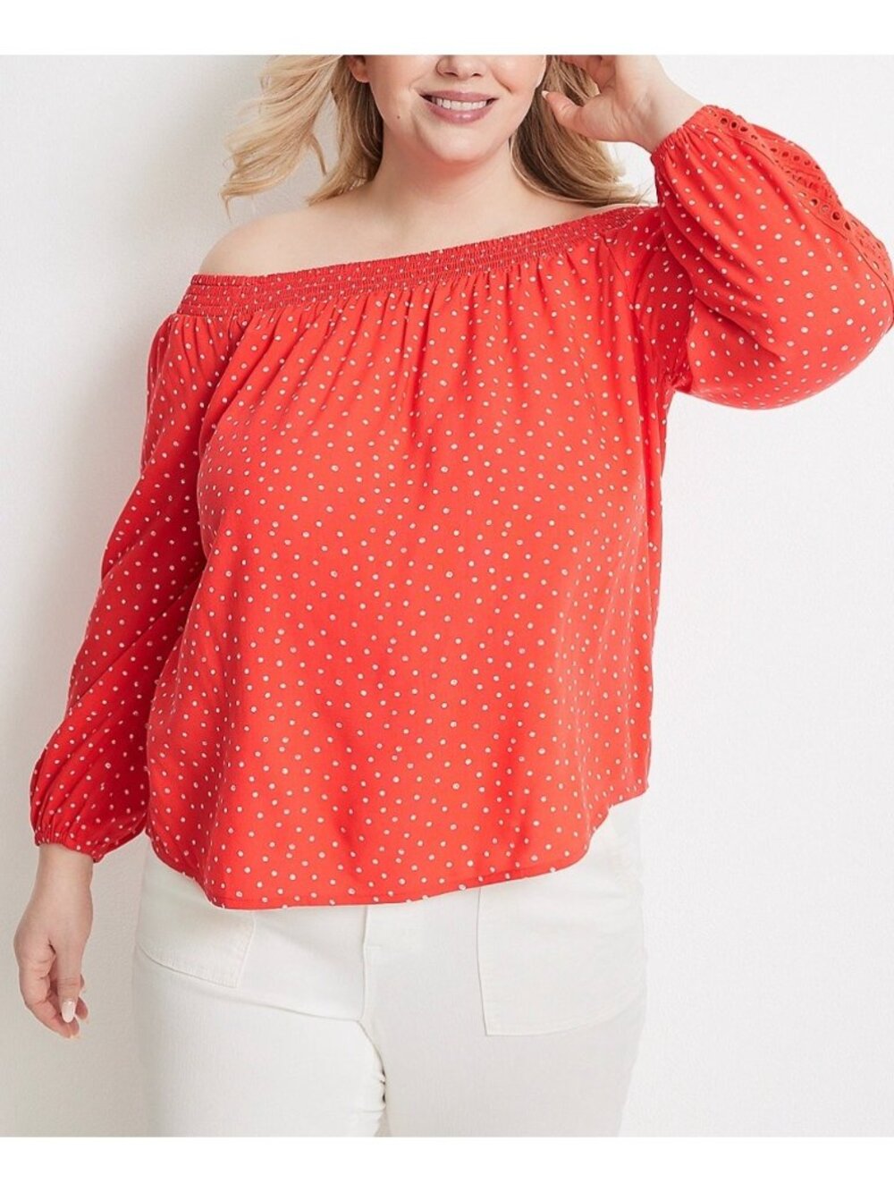 Maurices Off Shoulder Blouse Shirt Womens 1X Orange Polka Dots Casual